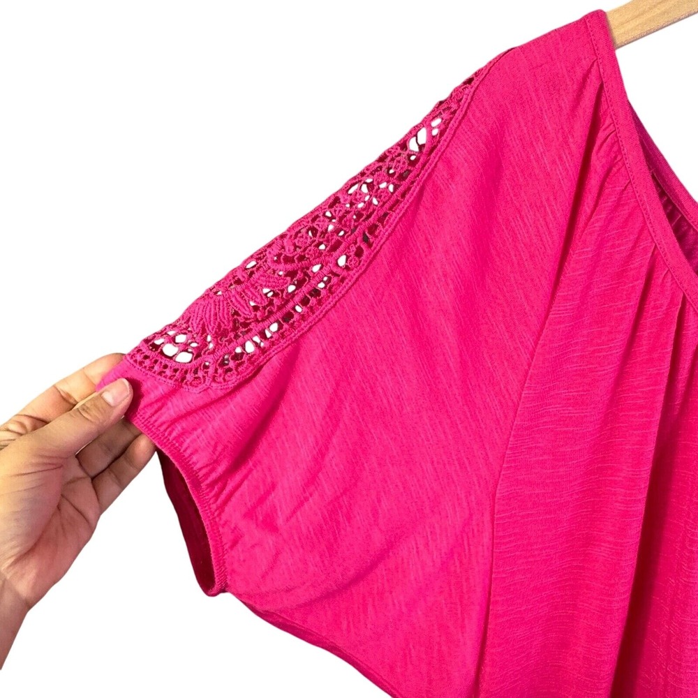 Faded Glory Womens Top 1X Hot Pink Crochet Sleeve Solid Boho‎ Blouse Shirt